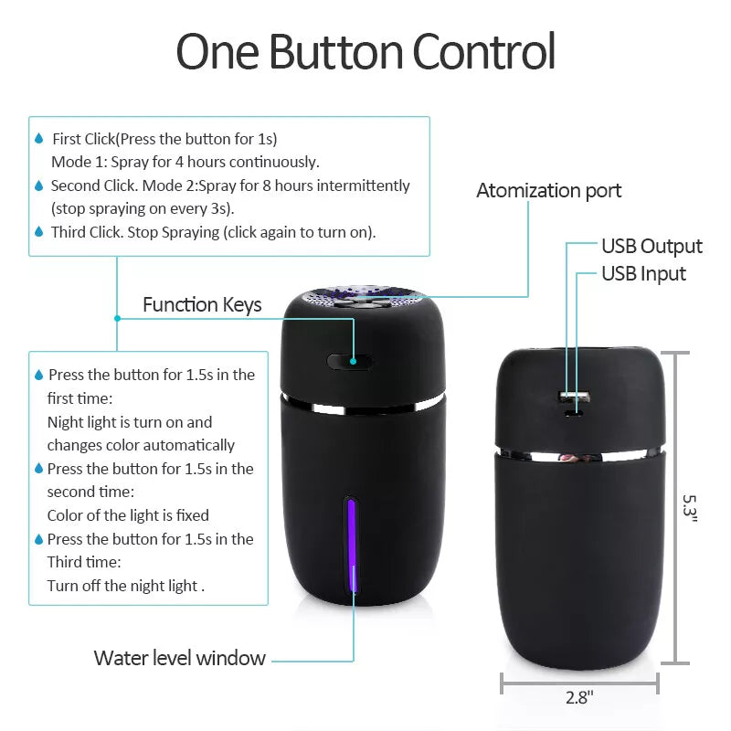 I-Shape Portable Humidifier | USB Cool Mist Aroma Diffuser with LED Light for Car, Office, Home