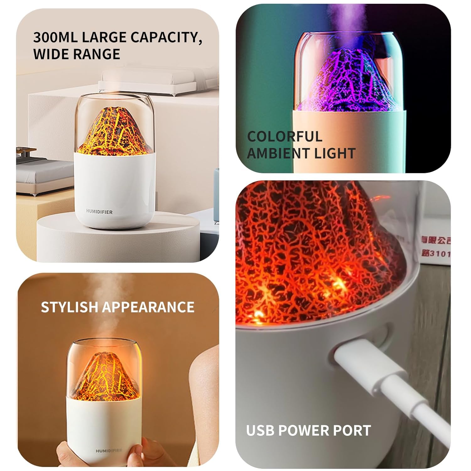 Volcano Flame Humidifier | USB Cool Mist Aroma Diffuser with LED Fire Light for Bedroom, Office, Home